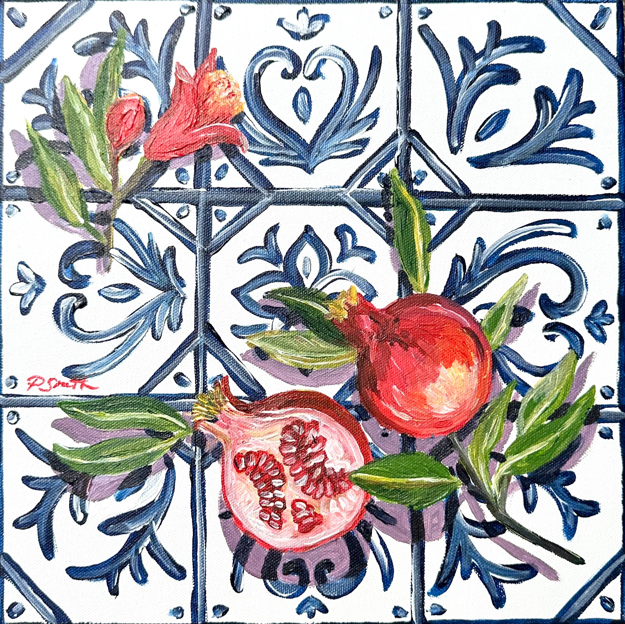 "Pomegranates  On Tiles" Original Painting By Pippa Smith