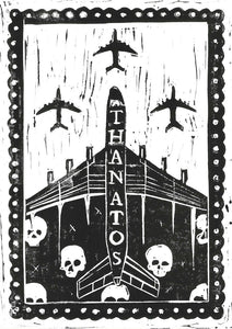 Covid Chronicles "Horsemen Fly Economy" Lino Print By Lee Ellis