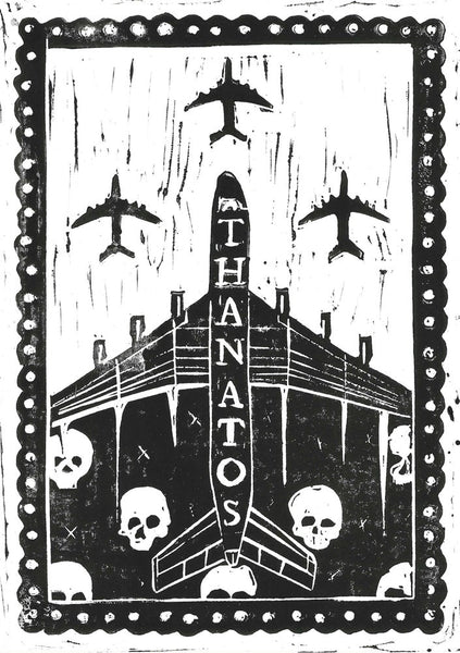 Covid Chronicles "Horsemen Fly Economy" Lino Print By Lee Ellis